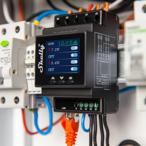 Shelly 4‑Kanal Smart‑Relais mit Leistungsmessung Pro 4PM (DIN‑Schiene)