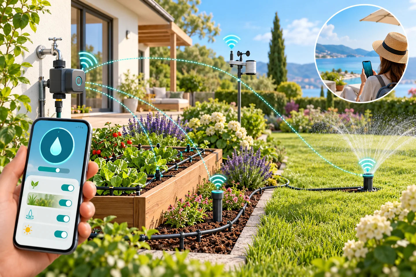 Smartes Bewässerungssystem mit App, Boden- und Wettersensor sowie Fernsteuerung im Urlaub